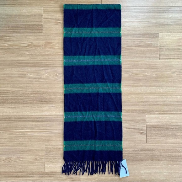 BEGG & CO Lambswool Angora Blend Navy and Green Striped Scarf FLAW - Picture 3 of 5